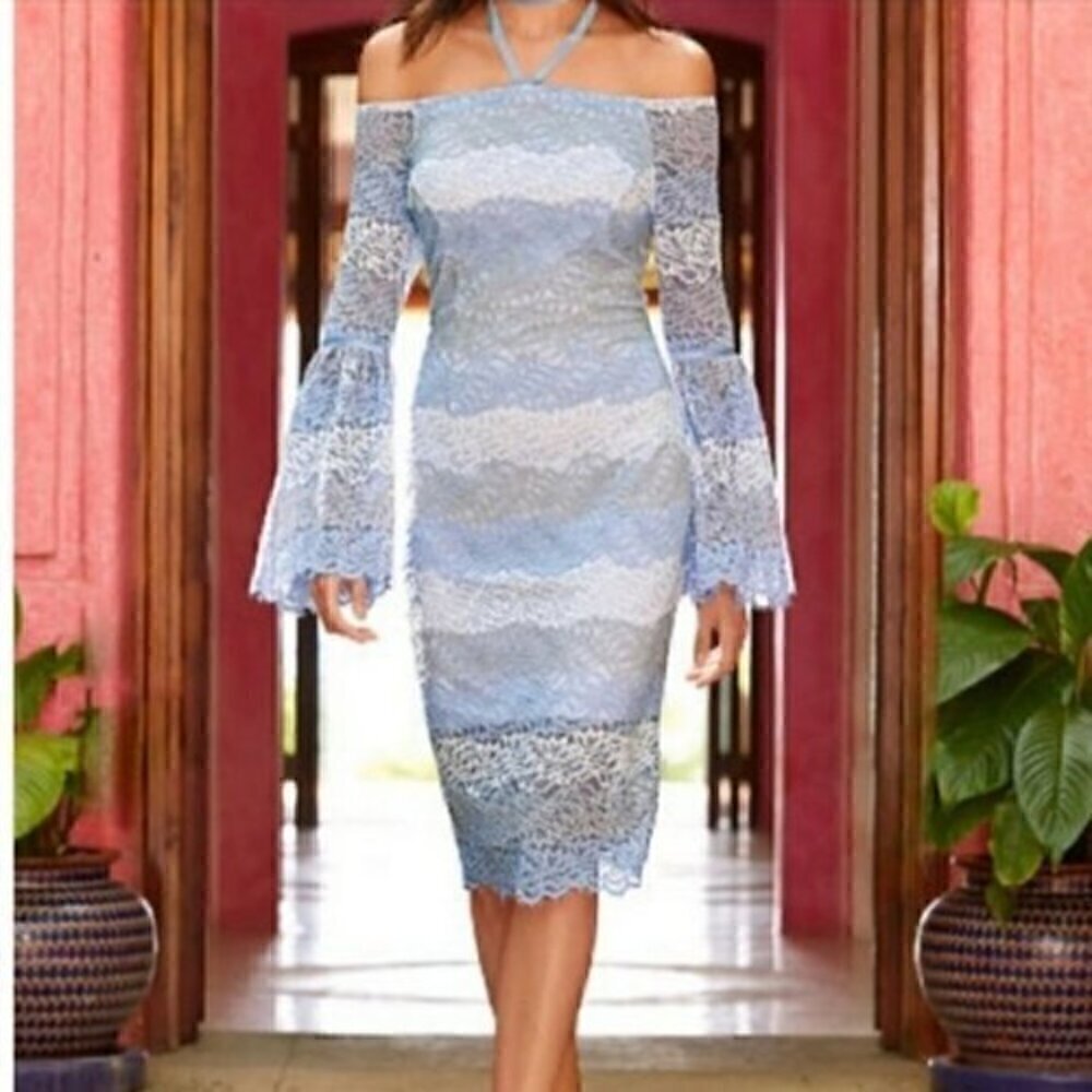 Alexia Admor Women's Blue Lace Off-Shoulder Midi Dress Bell Sleeves sz 0
